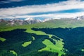 Green grassland , snow mountains and forests Royalty Free Stock Photo