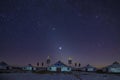 The Mongolian yurts in night starry sky