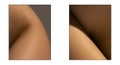 Photoset with closeup images of part of woman's body. Detailed texture of human female skin. Skincare, bodycare