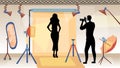 Photoset, Fashion Show Concept. Male And Female Silhouettes, Mirror, Illumination Projectors. Woman Poses To