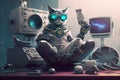 photoshoot of cat lounging on futuristic set with robotic limbs, surrounded by futuristic gadgets