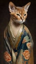 Photoshoot of Unique Cultural Apparel: Elegant Abyssinian Cat in a Traditional Japanese Kimono (Generative AI)