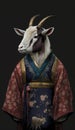 Photoshoot of Unique Cultural Apparel: Elegant Alpine Goat Animal in Traditional Japanese Kimono (Generative AI)