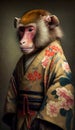 Photoshoot of Unique Cultural Apparel: Elegant Baboon Animal in Traditional Japanese Kimono (Generative AI)