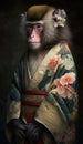 Photoshoot of Unique Cultural Apparel: Elegant Baboon Animal in Traditional Japanese Kimono (Generative AI)