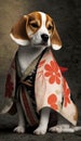 Photoshoot of Unique Cultural Apparel: Elegant Beagle Dog in a Traditional Japanese Kimono (Generative AI)