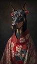 Photoshoot of Unique Cultural Apparel: Elegant Doberman Pinscher Dog in a Traditional Japanese Kimono (Generative AI)