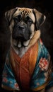 Photoshoot of Unique Cultural Apparel: Elegant English Mastiff Dog in a Traditional Japanese Kimono (Generative AI)