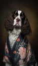 Photoshoot of Unique Cultural Apparel: Elegant English Springer Spaniel Dog in a Traditional Japanese Kimono (Generative AI)