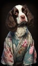 Photoshoot of Unique Cultural Apparel: Elegant English Springer Spaniel Dog in a Traditional Japanese Kimono (Generative AI)