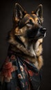 Photoshoot of Unique Cultural Apparel: Elegant German Shepherd Dog in a Traditional Japanese Kimono (Generative AI)
