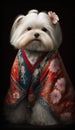 Photoshoot of Unique Cultural Apparel: Elegant Maltese Dog in a Traditional Japanese Kimono (Generative AI)