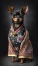 Photoshoot of Unique Cultural Apparel: Elegant Miniature Pinscher Dog in a Traditional Japanese Kimono (Generative AI)