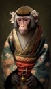 Photoshoot of Unique Cultural Apparel: Elegant Monkey Animal in Traditional Japanese Kimono (Generative AI)