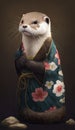 Photoshoot of Unique Cultural Apparel: Elegant Otter Animal in Traditional Japanese Kimono (Generative AI)