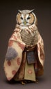 Photoshoot of Unique Cultural Apparel: Elegant Owl Animal in Traditional Japanese Kimono (Generative AI)