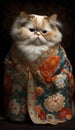 Photoshoot of Unique Cultural Apparel: Elegant Persian Cat in a Traditional Japanese Kimono (Generative AI)