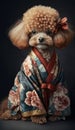 Photoshoot of Unique Cultural Apparel: Elegant Poodle Dog in a Traditional Japanese Kimono (Generative AI)