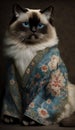 Photoshoot of Unique Cultural Apparel: Elegant Ragdoll Cat in a Traditional Japanese Kimono (Generative AI)