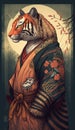 Photoshoot of Unique Cultural Apparel: Elegant Tiger Animal in Traditional Japanese Kimono (Generative AI)