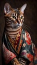 Photoshoot of Unique Cultural Apparel: Elegant Toyger Cat in a Traditional Japanese Kimono (Generative AI)