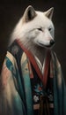 Photoshoot of Unique Cultural Apparel: Elegant Wolf Animal in Traditional Japanese Kimono (Generative AI)