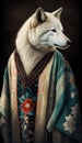 Photoshoot of Unique Cultural Apparel: Elegant Wolf Animal in Traditional Japanese Kimono (Generative AI)
