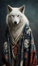 Photoshoot of Unique Cultural Apparel: Elegant Wolf Animal in Traditional Japanese Kimono (Generative AI)