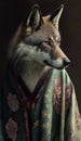 Photoshoot of Unique Cultural Apparel: Elegant Wolf Animal in Traditional Japanese Kimono (Generative AI)