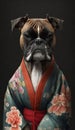 Photoshoot of Unique Cultural Apparel: Elegant Boxer Dog in a Traditional Japanese Kimono (Generative AI)