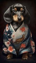 Photoshoot of Unique Cultural Apparel: Elegant Dachshund Dog in a Traditional Japanese Kimono (Generative AI)