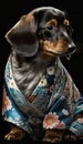 Photoshoot of Unique Cultural Apparel: Elegant Dachshund Dog in a Traditional Japanese Kimono (Generative AI)