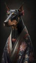 Photoshoot of Unique Cultural Apparel: Elegant Doberman Pinscher Dog in a Traditional Japanese Kimono (Generative AI)