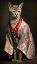 Photoshoot of Unique Cultural Apparel: Elegant Egyptian Mau Cat in a Traditional Japanese Kimono (Generative AI)