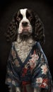 Photoshoot of Unique Cultural Apparel: Elegant English Springer Spaniel Dog in a Traditional Japanese Kimono (Generative AI)