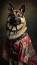 Photoshoot of Unique Cultural Apparel: Elegant German Shepherd Dog in a Traditional Japanese Kimono (Generative AI)