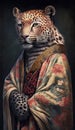 Photoshoot of Unique Cultural Apparel: Elegant Leopard Animal in Traditional Japanese Kimono (Generative AI)