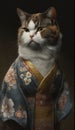 Photoshoot of Unique Cultural Apparel: Elegant Maine Cat in a Traditional Japanese Kimono (Generative AI)