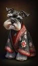 Photoshoot of Unique Cultural Apparel: Elegant Miniature Schnauzer Dog in a Traditional Japanese Kimono (Generative AI)