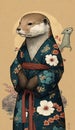 Photoshoot of Unique Cultural Apparel: Elegant Otter Animal in Traditional Japanese Kimono (Generative AI)