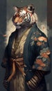 Photoshoot of Unique Cultural Apparel: Elegant Tiger Animal in Traditional Japanese Kimono (Generative AI)