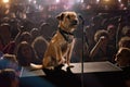 photoshopped image of dog sitting on stage in front of crowd, performing with band Royalty Free Stock Photo