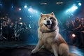 photoshopped image of dog sitting on stage in front of crowd, performing with band Royalty Free Stock Photo