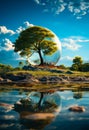 Photosphere and earth in the sky. A painting of a tree with a reflection in the water