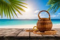 PhotoStock Wooden table with blur tropical beach for product display Royalty Free Stock Photo