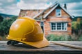 PhotoStock Yellow safety helmet on table with backdrop of house under construction photo Royalty Free Stock Photo