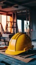 PhotoStock Yellow safety helmet on table with backdrop of house under construction photo Royalty Free Stock Photo