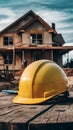 PhotoStock Yellow safety helmet on table with backdrop of house under construction photo Royalty Free Stock Photo