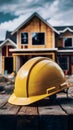 PhotoStock Yellow safety helmet on table with backdrop of house under construction photo Royalty Free Stock Photo