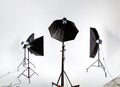 Photostudio equipment on white cyclorama Royalty Free Stock Photo